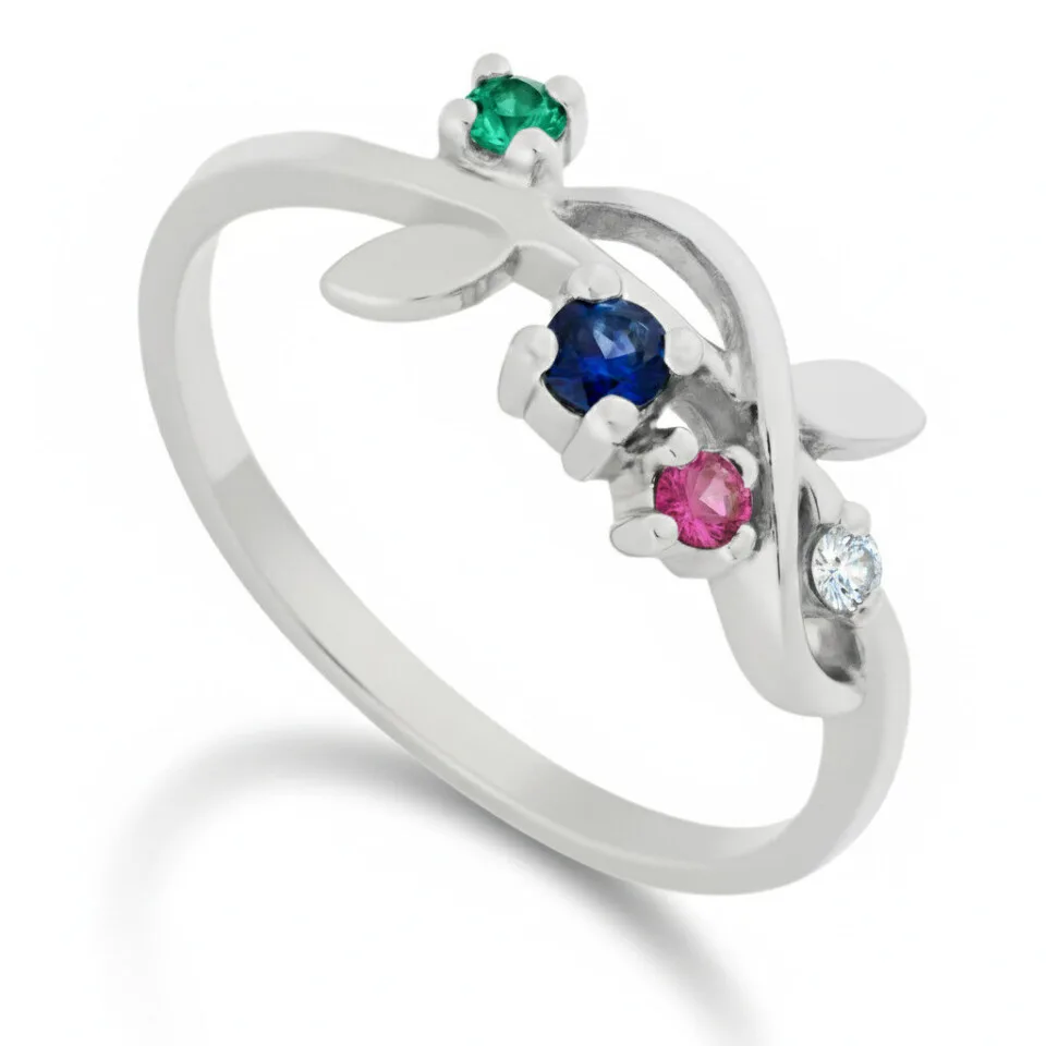 Pierścionek zaręczynowy z kwiatowym motywem - pierścionek z białego złota ze szmaragdem, rubinem, szafirem i diamentem GESELLE