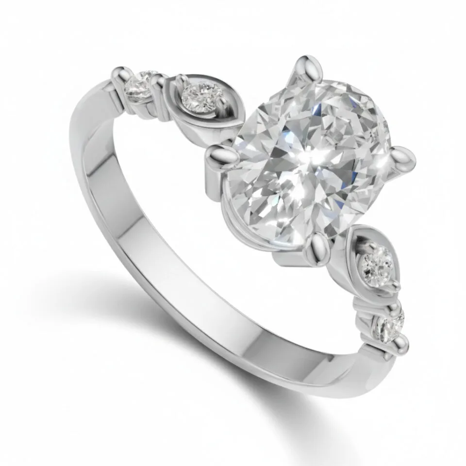 Pierścionek zaręczynowy Arabella w białym złocie z diamentem laboratoryjnym w szlifie owalnym oraz kamieniami bocznymi 0.08 ct