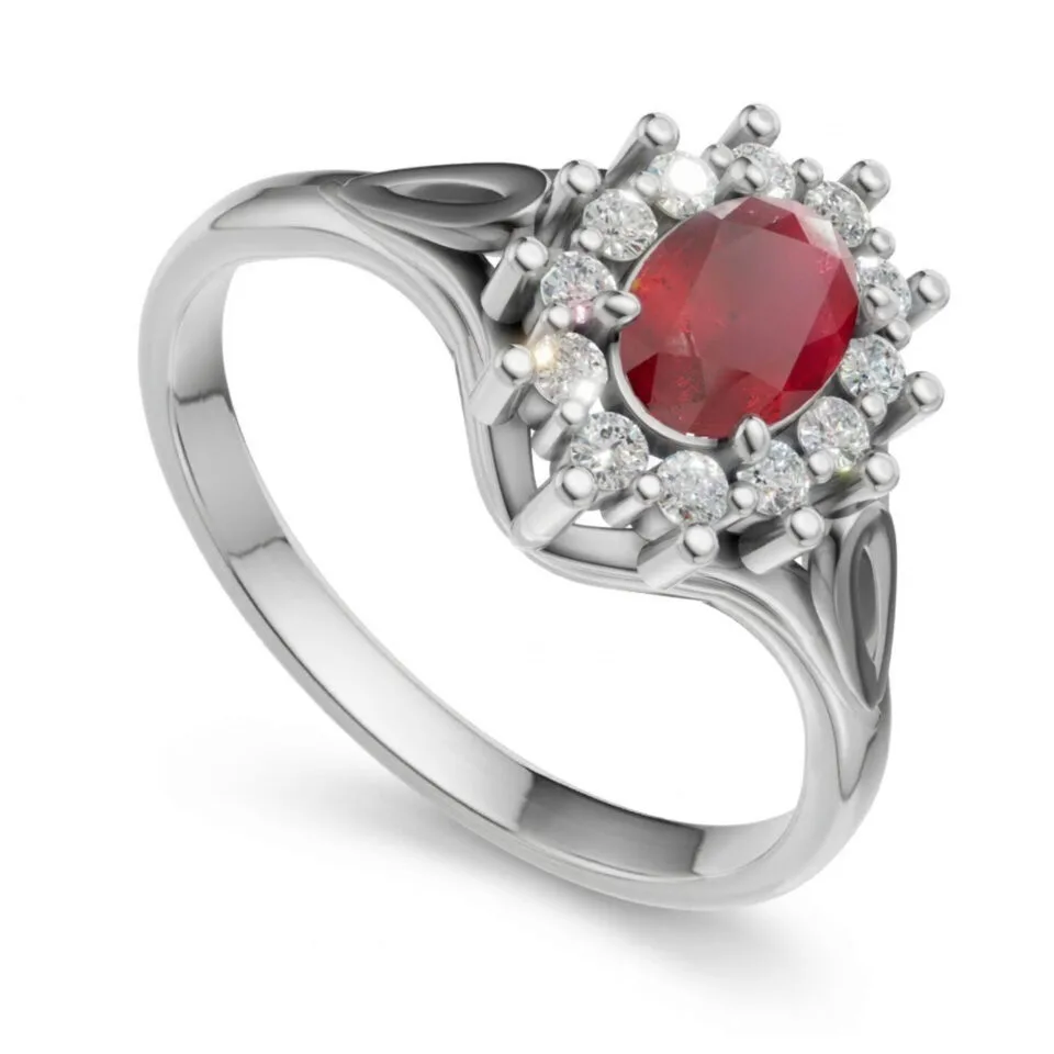 Pierścionek zaręczynowy Regalia z białego złota z owalnym rubinem oraz diamentami GESELLE