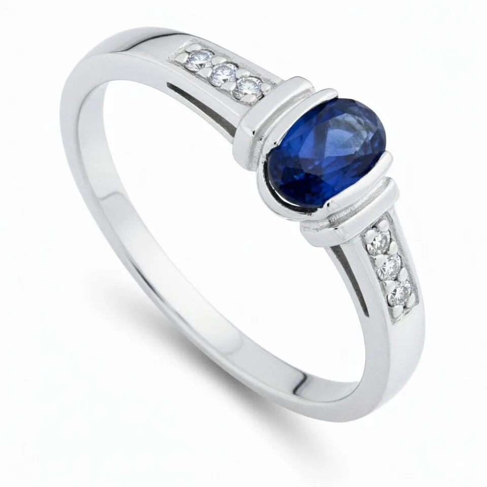 Pierścionek zaręczynowy Rosalia z białego złota z safirem i diamentami w stylu retro GESELLE