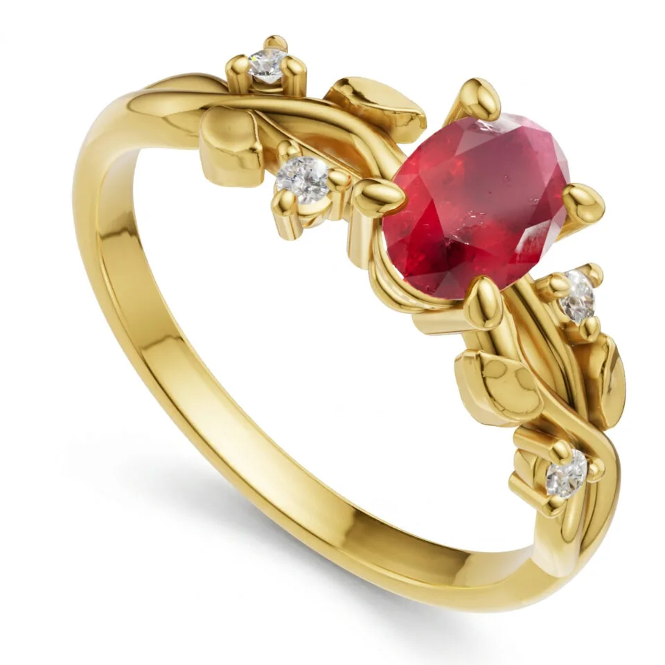 Pierścionek zaręczynowy Rosalie z żółtego złota z rubinem i diamentami GESELLE