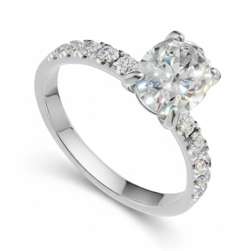 Pierścionek zaręczynowy Valentina w białym złocie z diamentem laboratoryjnym w szlifie owalnym oraz kamieniami bocznymi 1.30 ct