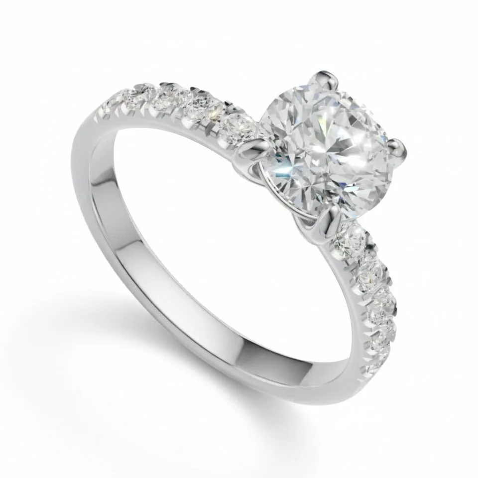 Pierścionek zaręczynowy Valerina w białym złocie z diamentem laboratoryjnym w szlifie brylantowym oraz kamieniami bocznymi 1.30 ct