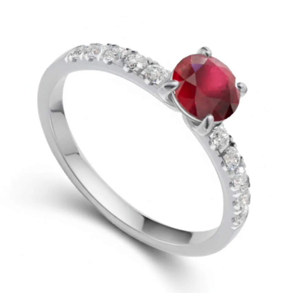 Pierścionek zaręczynowy Valerina w białym złocie z rubinem oraz diamentami bocznymi 0.15 ct