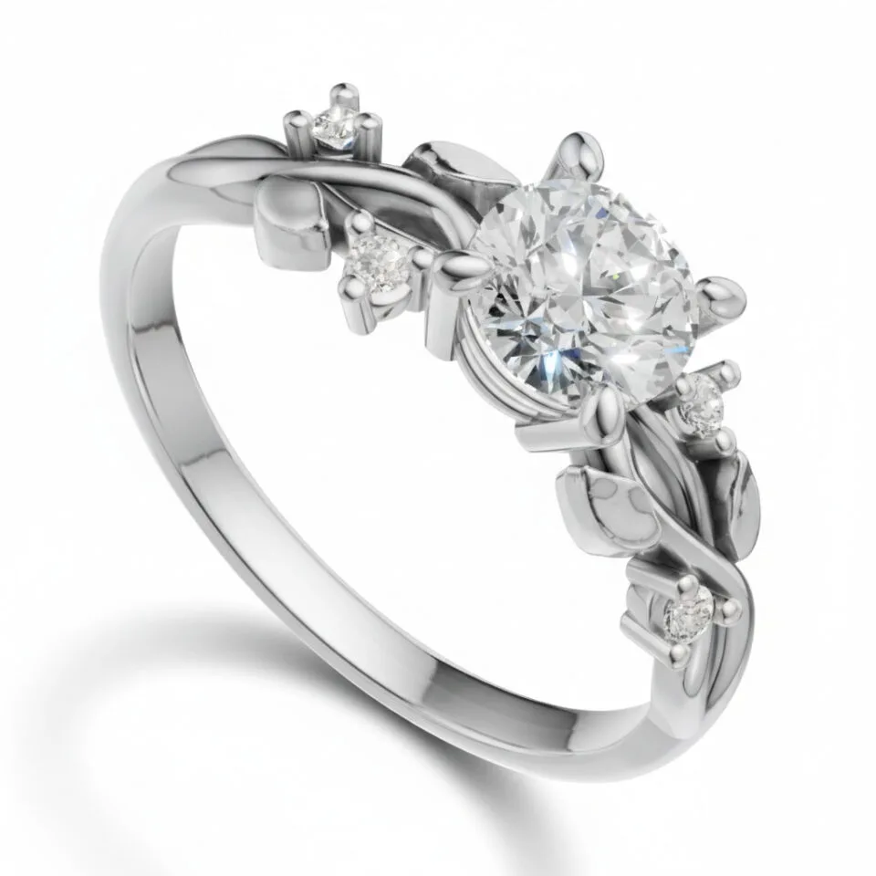 Pierścionek zaręczynowy z diamentami Rosalie białe złoto z motywem listków GESELLE 0.54 ct