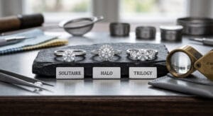 Rodzaje pierścionków z brylantami – solitaire, halo, trilogy.