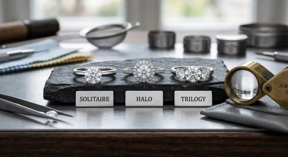 Rodzaje pierścionków z brylantami – solitaire, halo, trilogy.