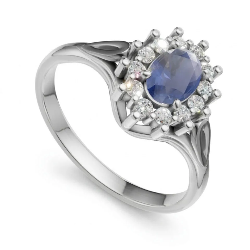 Pierścionek zaręczynowy Regalia z białego złota z owalnym szafirem oraz diamentami GESELLE