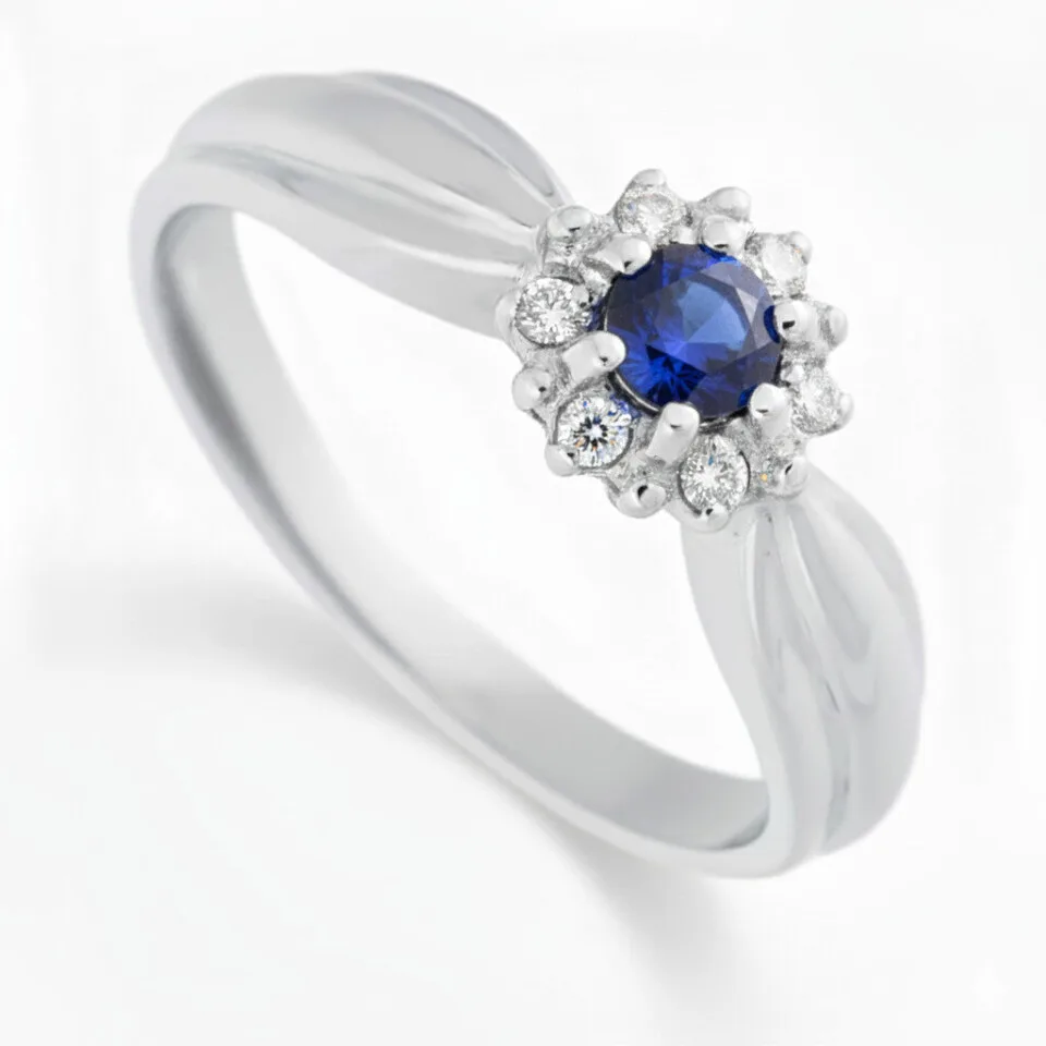 Pierścionek zaręczynowy Bella II z białego złota z okrągłym szafirem naturalnym i diamentami GESELLE